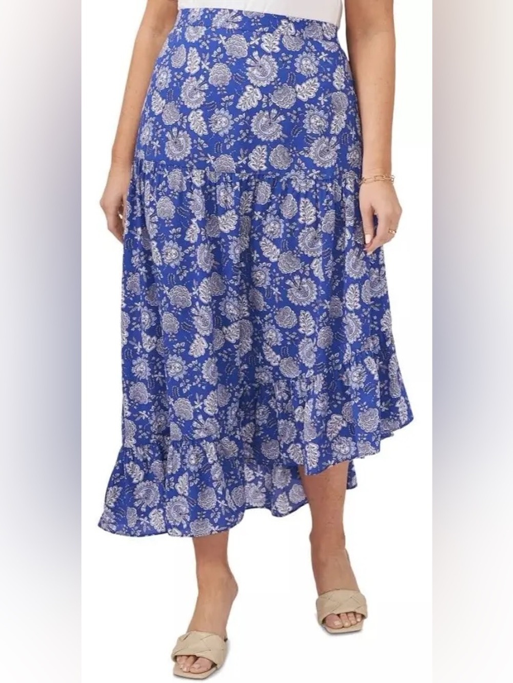 Vince Camuto Blue Floral High-Low Tiered Maxi Skirt